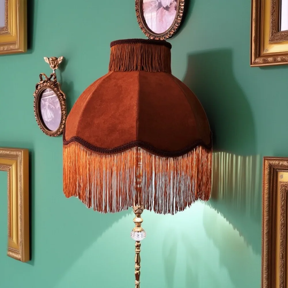 Medieval Retro Fringed All-copper Floor Lamp French Dining Room Living Room Bedroom Fabric Decorative Brass Lamp