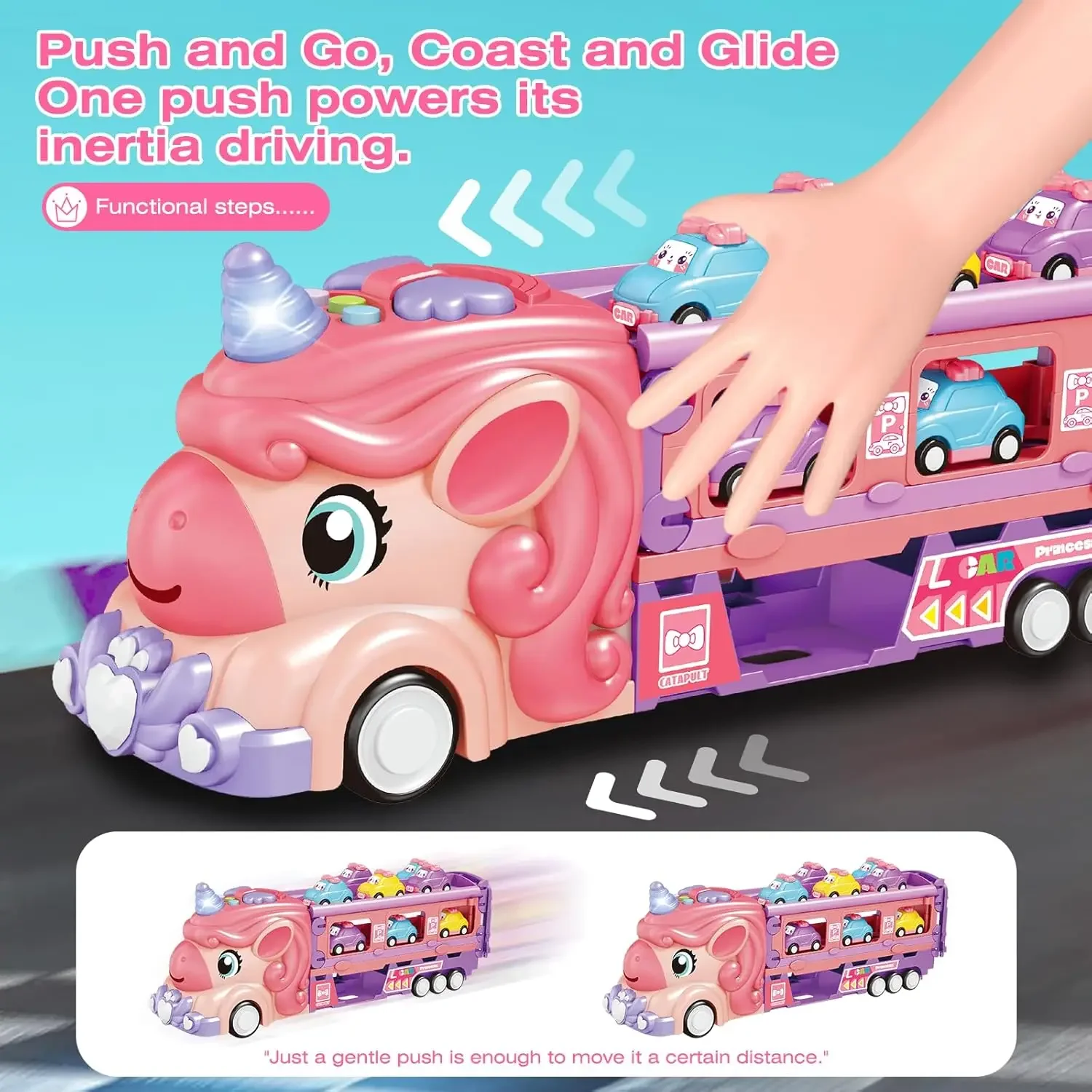 ピンクのユニコーン輸送トラックのおもちゃ、折りたたみ式レーストラック、ライトと音楽付き、6台のミニカー収納キャリア、女の子や幼児へのギフト