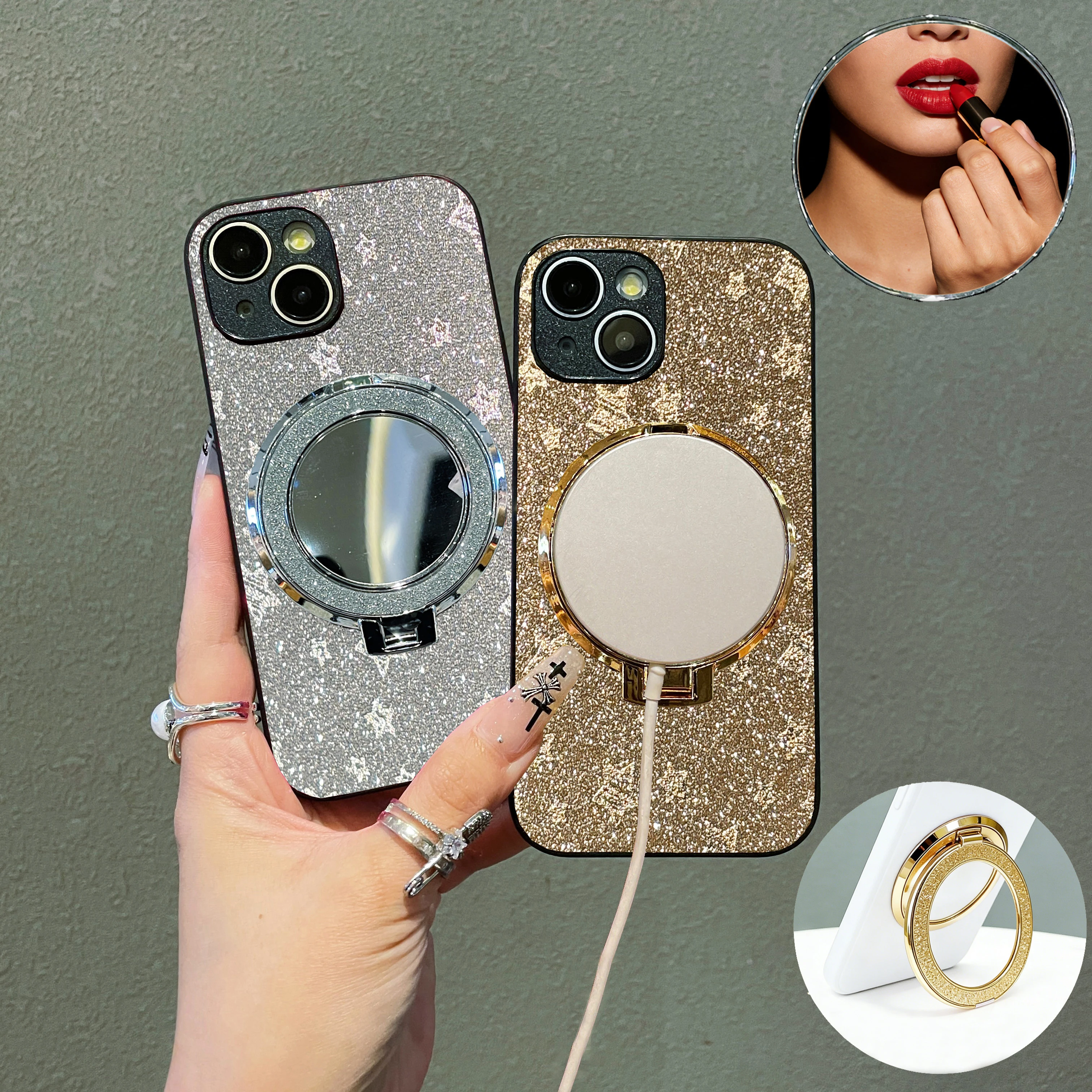 Luxuriöse Funkelnde Stern-Leder-Handyhülle mit Schminkspiegel-Ringhalterung für iPhone 17/16/15/14/13/12 Pro Max XR Plus Mini
