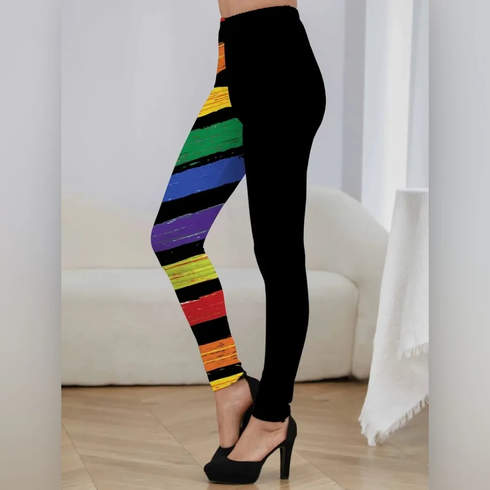 Rainbow Stripes Matching color & Floral print Stretch slim elastic waist casual leggings for women