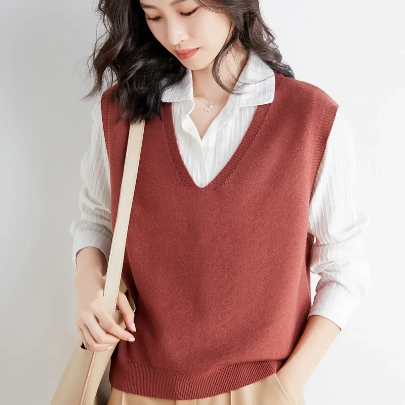 Customization 2026 Sweater Vest Spring Autumn Warm Fashin Korean Soft Loose Knit Vest V-neck Knitwear Solid Pullovers Short Styl