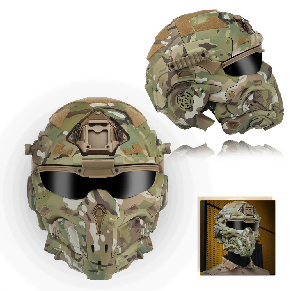 Full Face Airsoft Helmet, with Built-in Headset, Goggles, Mask, Defogging Fan, One-Piece Detachable, for Paintball Shooting CQB