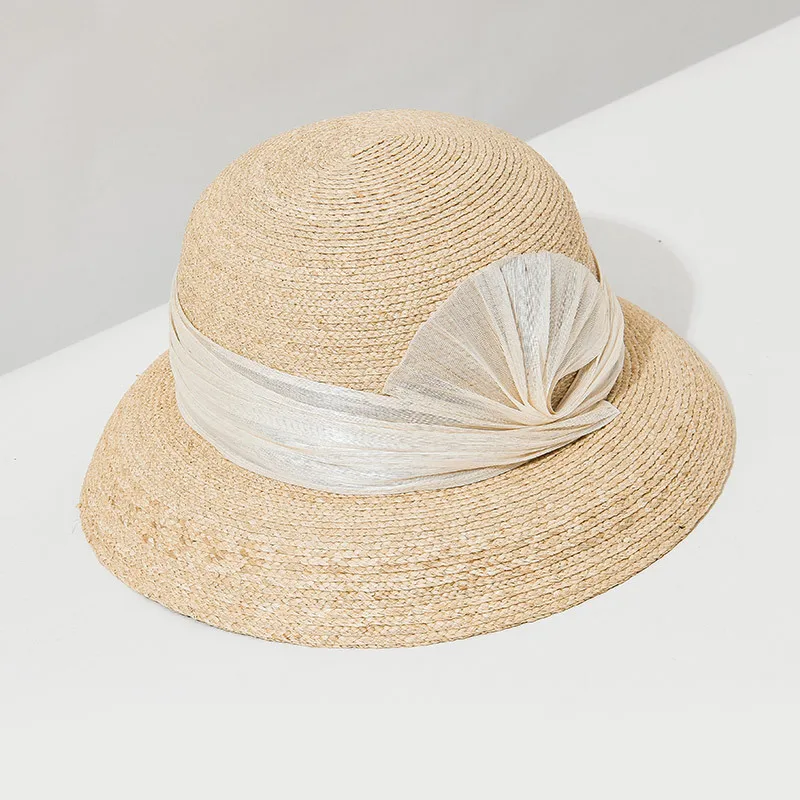 

French Hepburn style silk linen ribbon lamp shade hat women's summer sun block straw hat ultra fine raffia shade basin hat