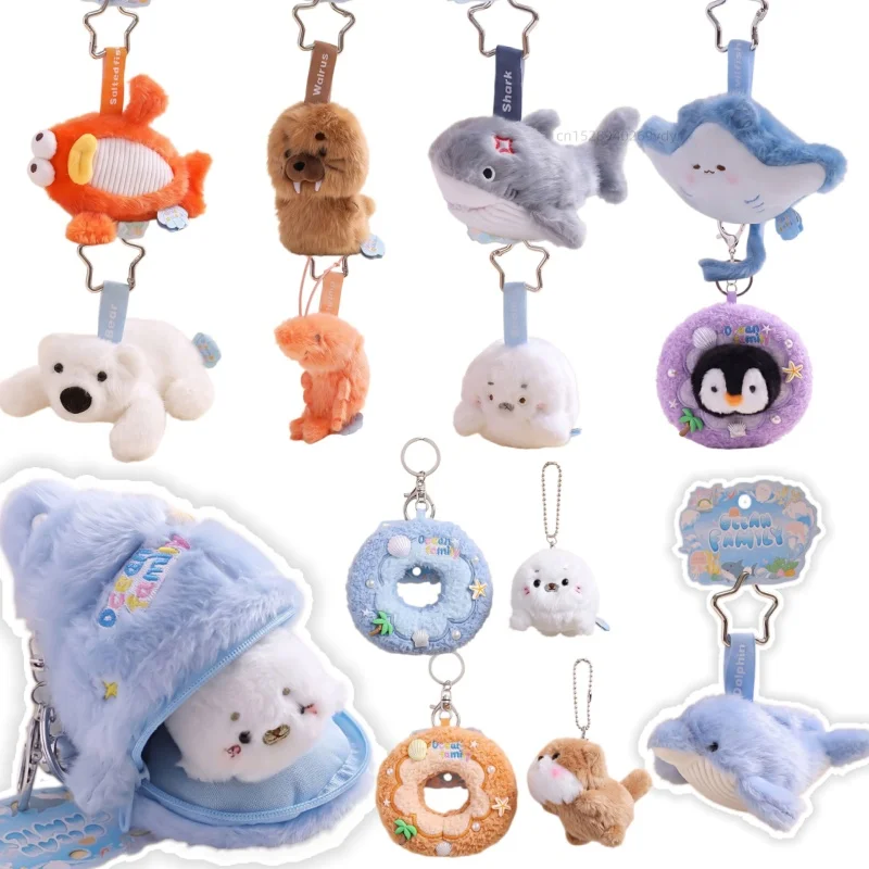 Cartoon Ocean Family Shell Nest Plush Charms Aquarium Sea Otter Fish Penguin Coin Purse Bag Pendant Xmas Birthday Girls Gifts