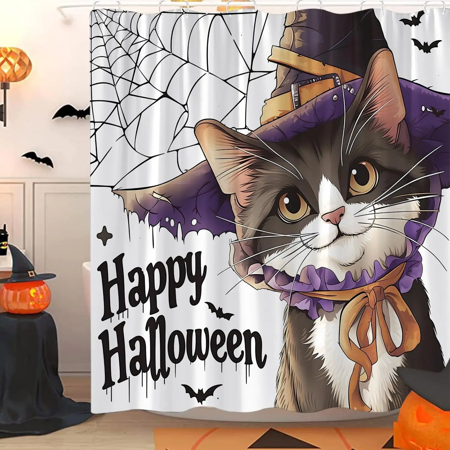Happy Halloween Cat Shower Curtain Funny Cat Witch Hat Spider Web Bat Spooky Cute Animal Cartoon Decor Bathroom Curtain