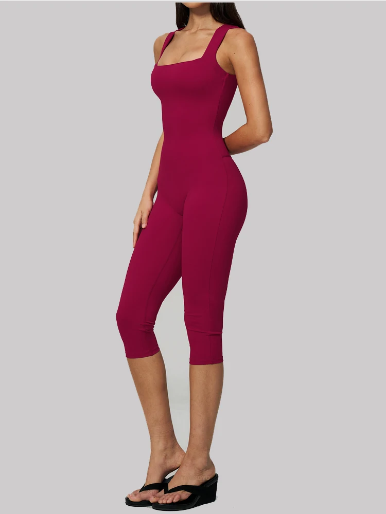 VITALINOVO Damen Ärmelloser Yoga-Romper mit eckigem Ausschnitt, einteiliger nahtloser gepolsterter Tank-Top-Jumpsuit, Capri-Leggings, Workout-Romper – Detail 8