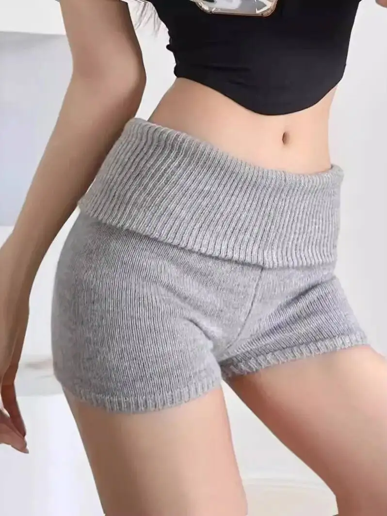 Spicy Girl Low Waisted Knitted Shorts Sexy Wrap Buttocks Double-layer Flip Waist Thread Tight Fitting Slim Solid Shorts O3WG