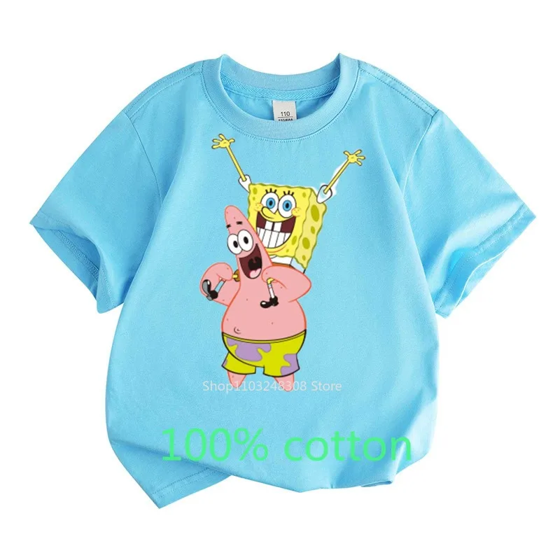 SpongeBob and Patrick 100% Cotton T-shirt Summer Fashion Children Clothes Boys Girls Kids Top Toddler Round Neck Short-sleeved