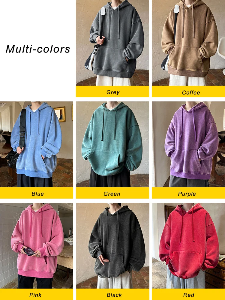 Spring Autumn Washed Hoodies Men 360G Heavy Cotton High Street Vintage Oversized Sweatshirts Y2k Hoody Harajuku Tops