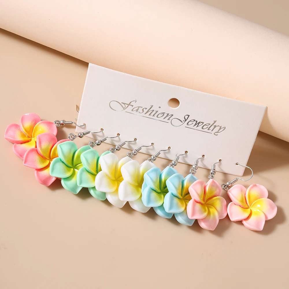 Aihua 5pairs/set Cute Resin Hawaiian Flower Earrings Acrylic Hawaii Hibiscus Flower Earrings Trendy Jewelry Set Gifts