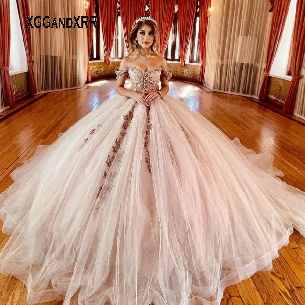 Luxury Vestido De 15 Anos Pink Ball Gown Quinceanera Dress 2024 Flower Backless Sweet 16 Dress Birthday Pageant Gowns Long Train