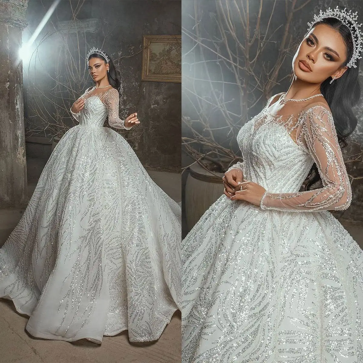 

Luxury Wedding Dress Ball Gown O-Neck Sequined Beads Long Sleeve Floor-Length Sparkling Bride Vestido De Noiva Custom Made