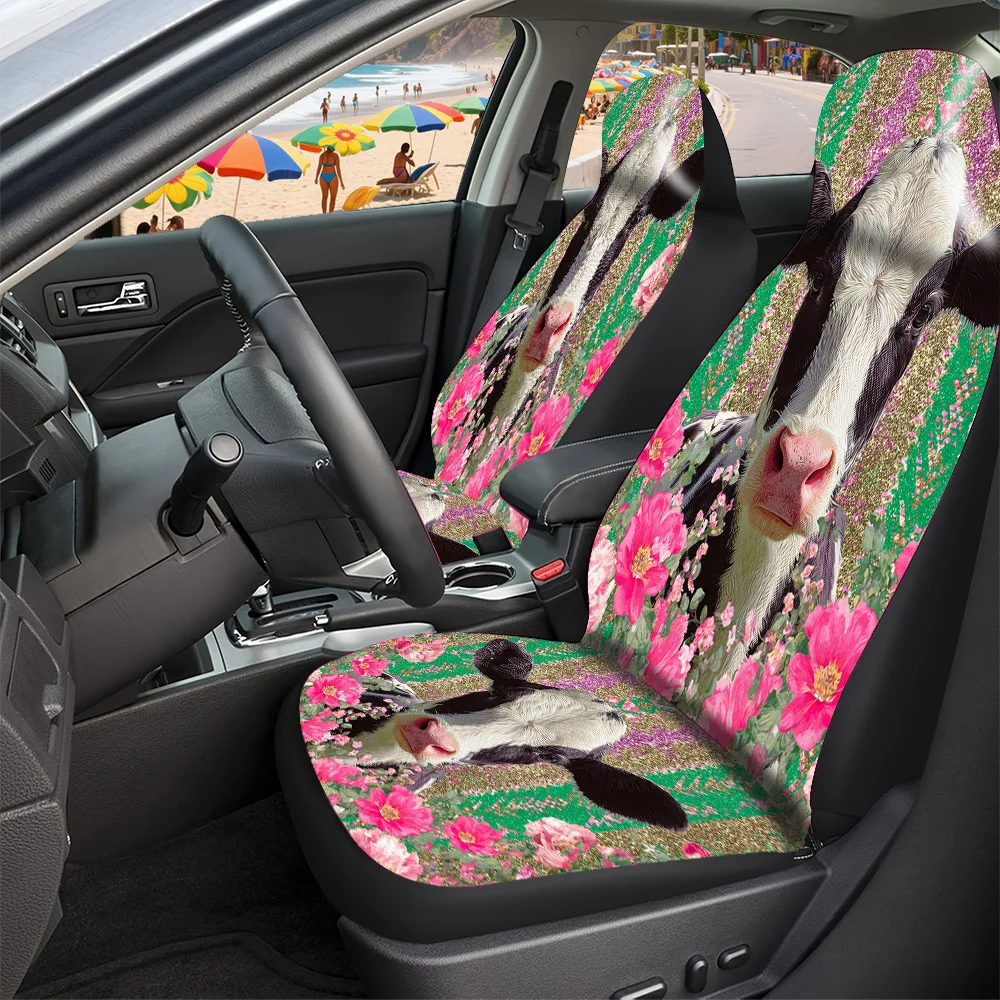 2-5 Seat Set Car Seat Covers Trendy Cow Print With Flower Accents Premium Fit For Truck SUV Off-road Car Seasonal Halloween Chr
