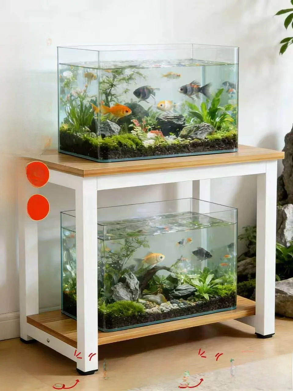 Wooden Fish Tank Table Carbon Steel Frame Double Layer Stand Aquarium Base Floor Mounted Shelf Heavy Duty Home Office