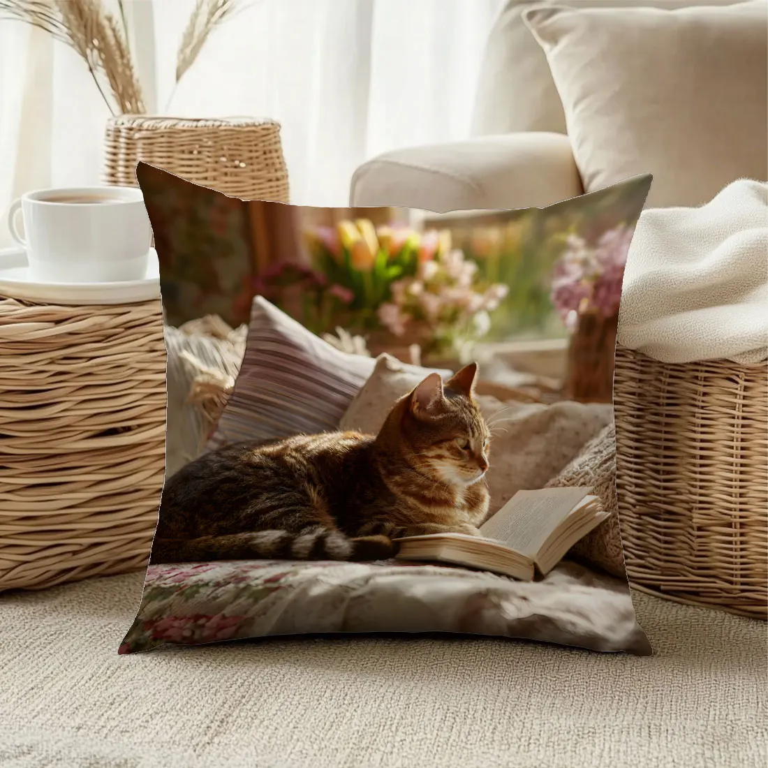 Cute Cat and Rabbit Reading Storybooks Double-Sided Pillow Cover, 1pc Decorative Cushion Case for Sofa, Bed and Headboard