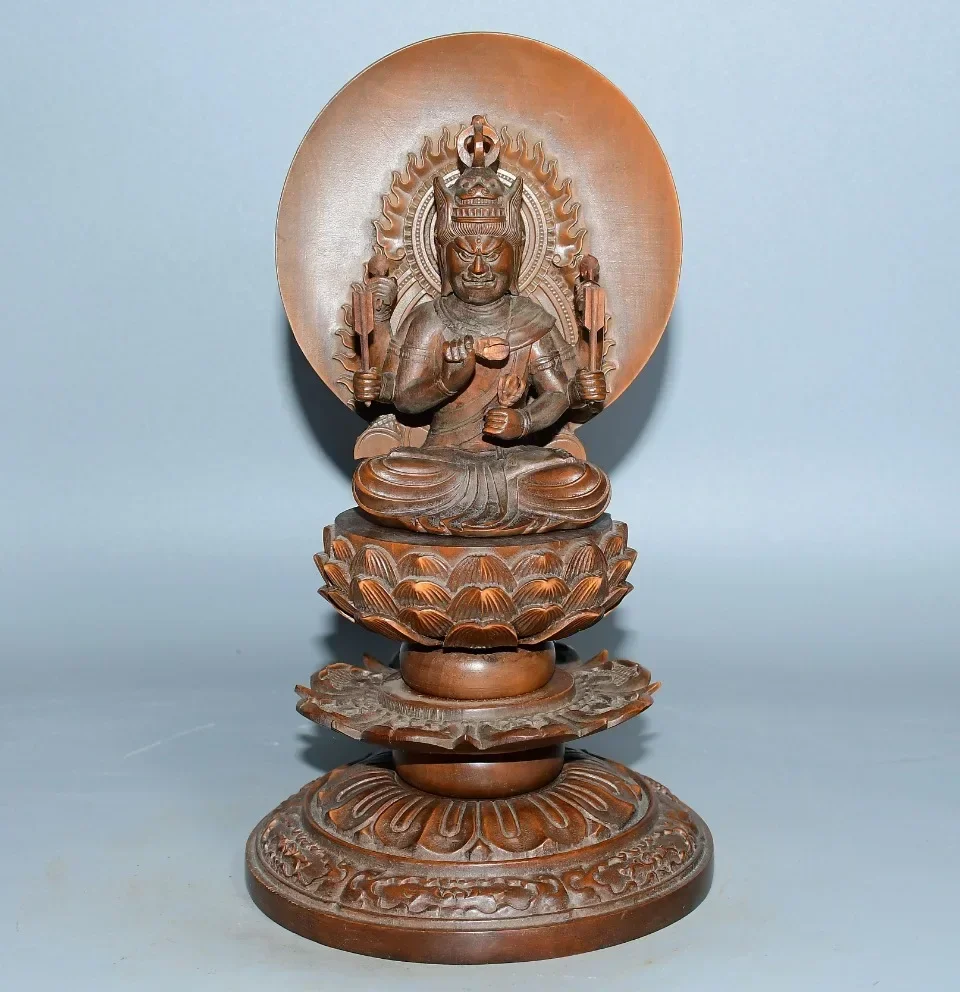 Colección popular de 9 ", boj antiguo, seis brazos, Acala, Buda, Fudo, Myoo, sentado, loto, Buda, terraza, retroiluminación, salón de adoración