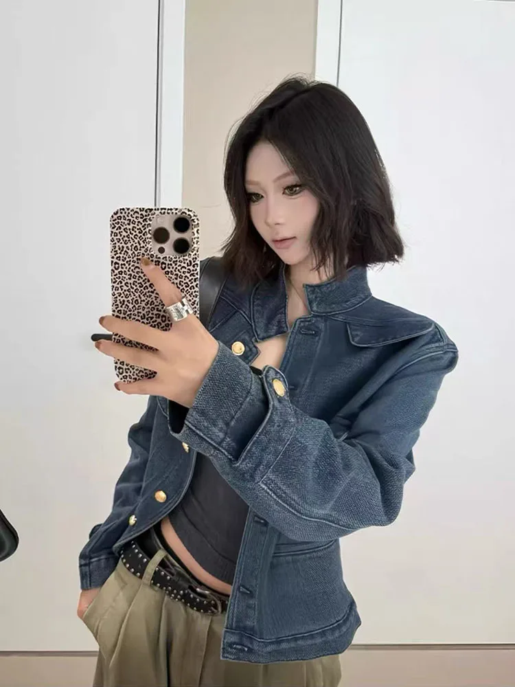 Stand Collar Denim Jacket for Women American Loose Single Breasted Jeans Coats Y2K Harajuku Streetwear Dark Blue Cowboy Outwear