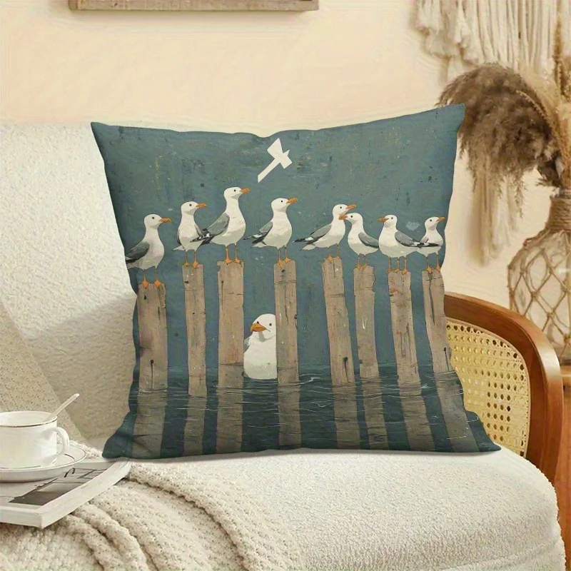 Double Sided Coastal Seagull Print Soft Throw Pillow Cover Nautical Cushion Case for Sofa and Bedroom Decoration