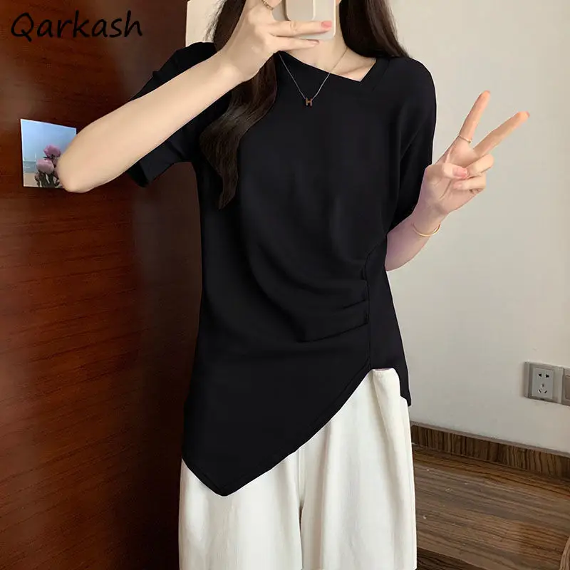 Irregular Short Sleeve T-shirts Women Summer Pure M-4XL Temperament College Casual Korean All-match New Arrival Футболка Женский