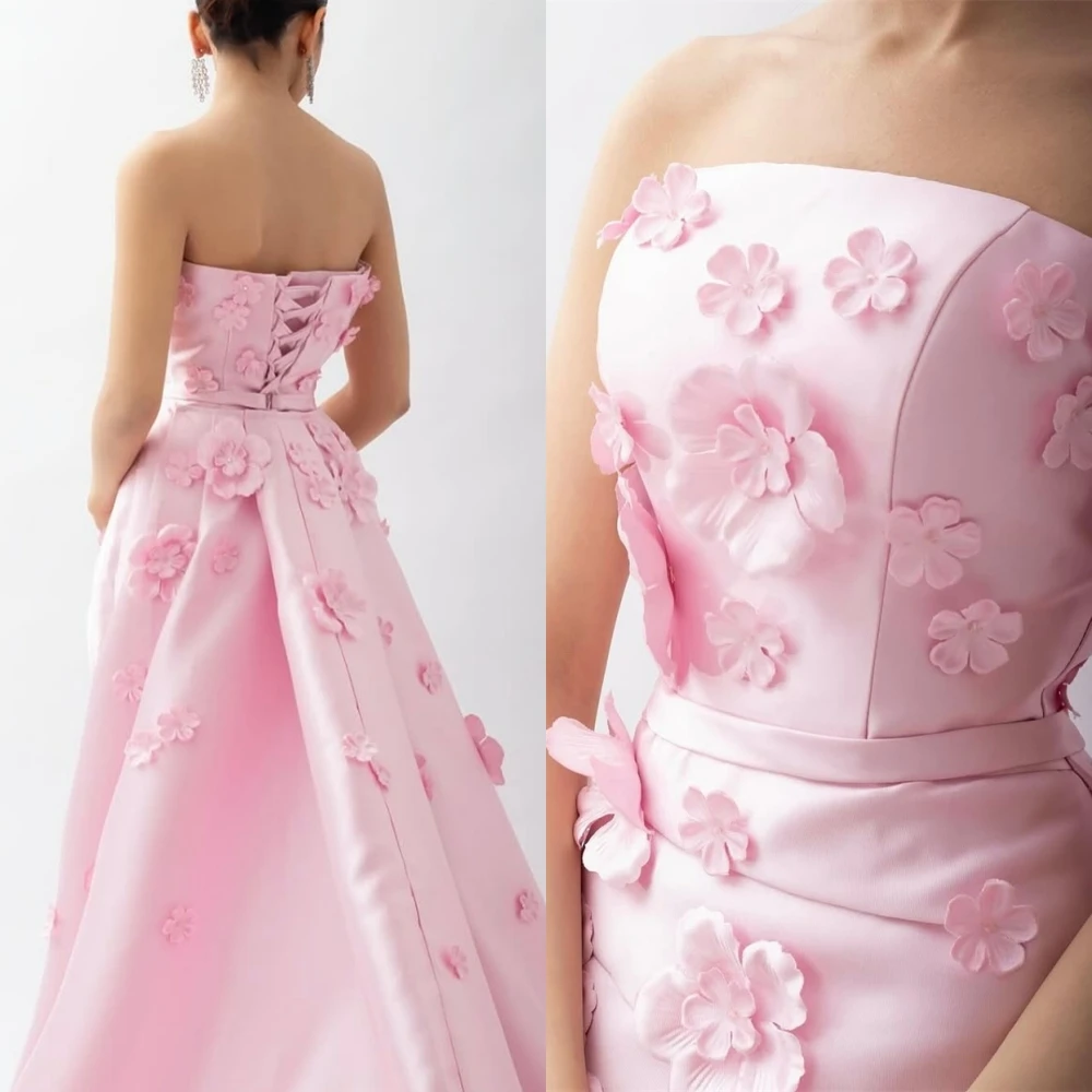 

Customized Exquisite Pink Satin Evening Dress Luxury Strapless Sleeveless Backless Special Occasion Gowns Flowers Cocktail Dress