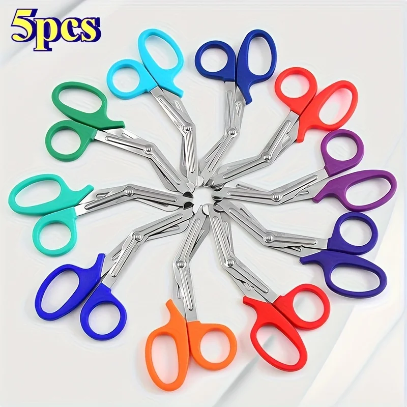 5pcs Stainless Steel Multifunctional Gauze Scissors with Colorful Handles – Ergonomic Elbow Bandage Scissors for Home, Outdoor