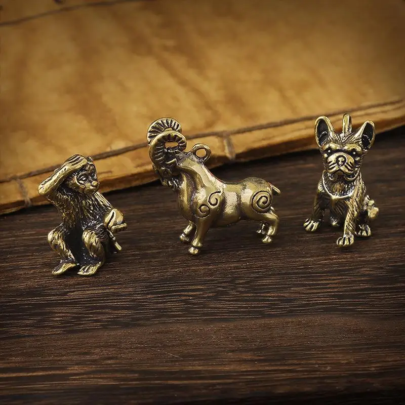 Retro Chinese Twelve Zodiac Statues Bull Dragon Ornament Sculpture Copper Miniatures Figurines Zodiac Key Pendant Home Decor