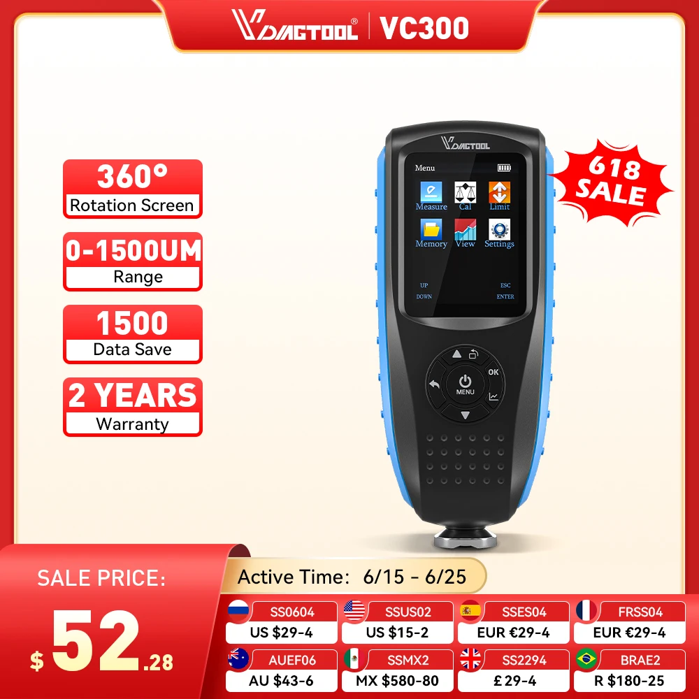 

VDIAGTOOL VC300 Car Thickness Gauge with Digital LCD Backlight Car Paint Tester Fe/nFe Coating Thickness Gauge 0.1micron/0-1300