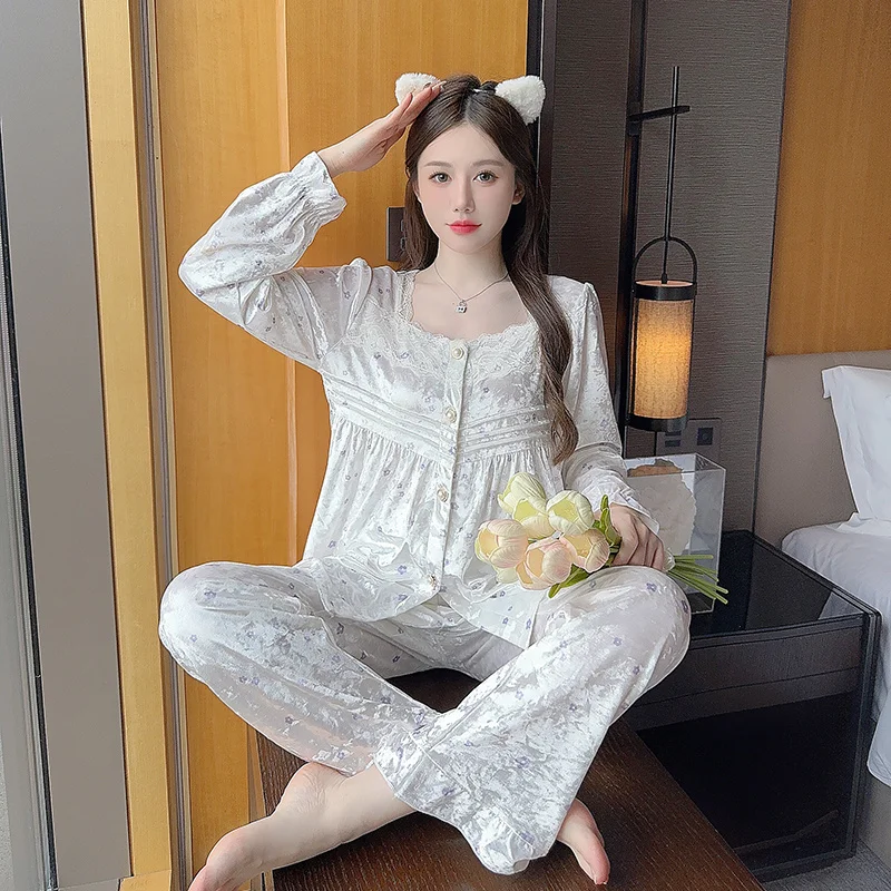 

Женский пижамный комплект с воротником, атласный, с длинным рукавом, на пуговицах, длина до щиколотки, осенний, классический, элегантный, формальный, винтажный, ретро