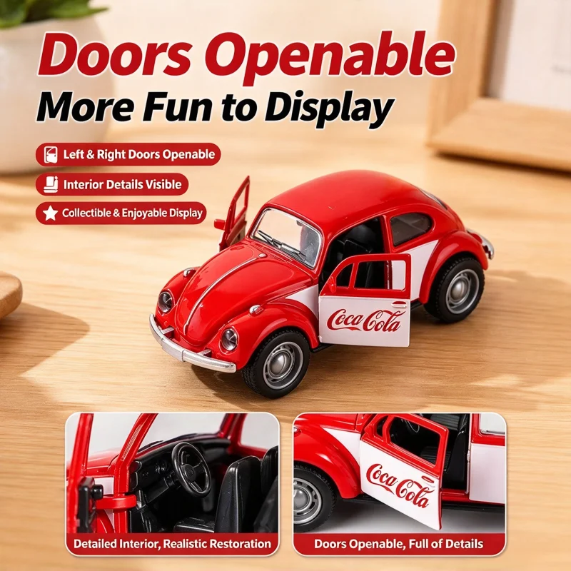 Vintage Round Body Classic Sedan Diecast Model, Alloy Static Collectible Ornament with Openable Dual Doors
