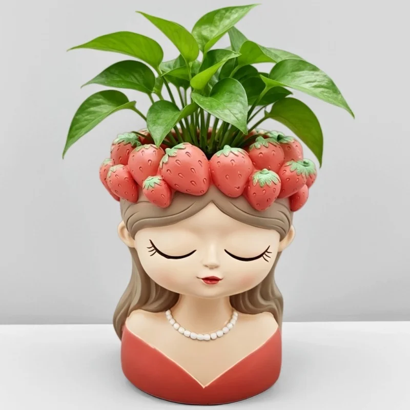 Large strawberry girl flower pot silicone mold, succulent plant concrete planter, DIY home decoration hand tools