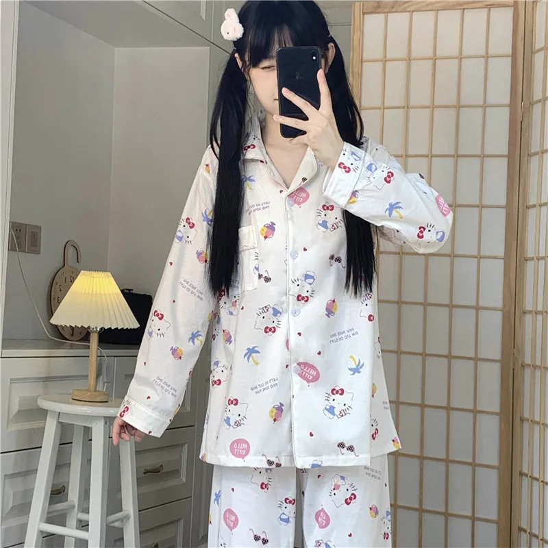 Sanrio Female Long Sleeves Pajamas Suit Spring and Autumn Kawaii Hello Kitty Comic Student Easy Cardigan Leisure Wear Clothing