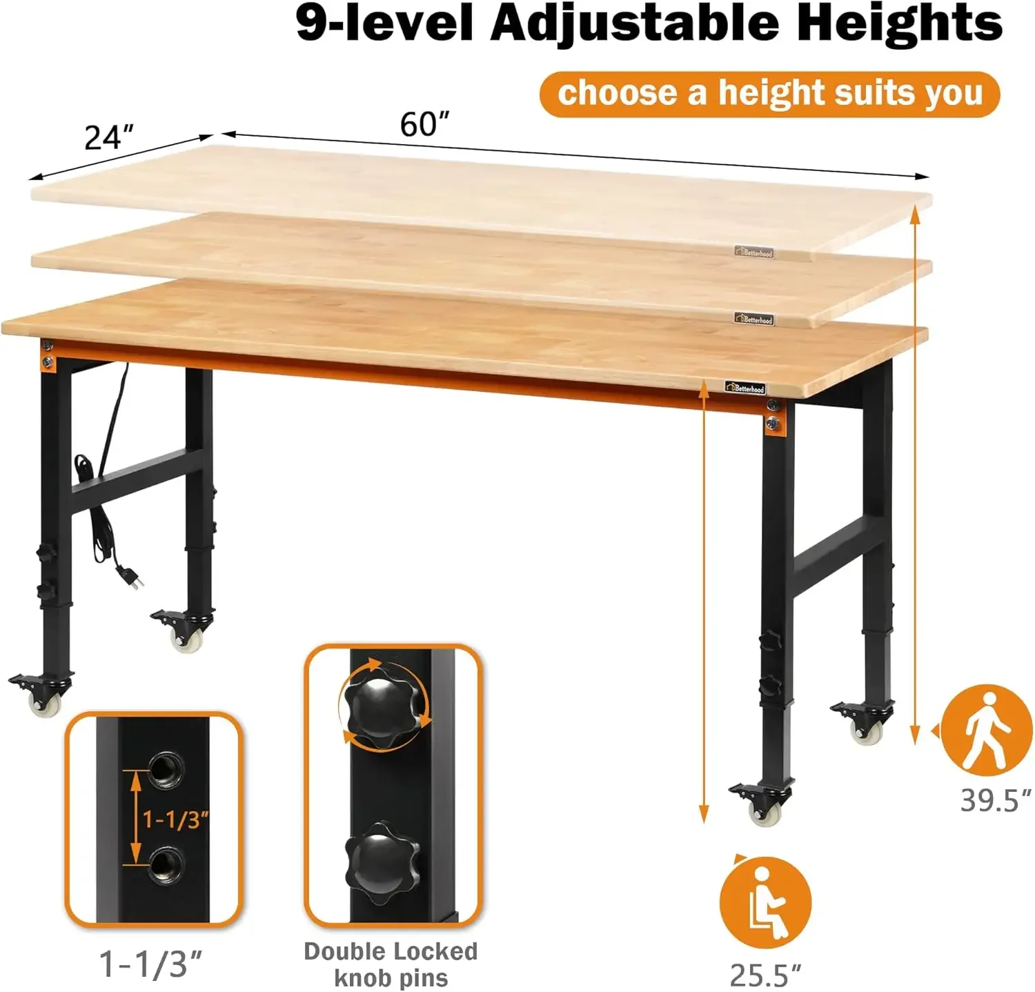 Adjustable Workbench for Garage, Rubber Wood Heavy Duty Workstation with Power Outlets & Wheels, 2000 LBS Load Capacity Hard