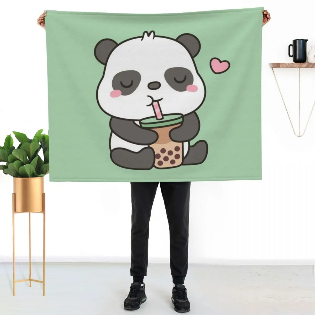 Cute Little Panda Enjoying Boba Tea Throw Blanket Blankets For Sofas Hairys Picnic Luxury Throw Furry Flannel Blankets