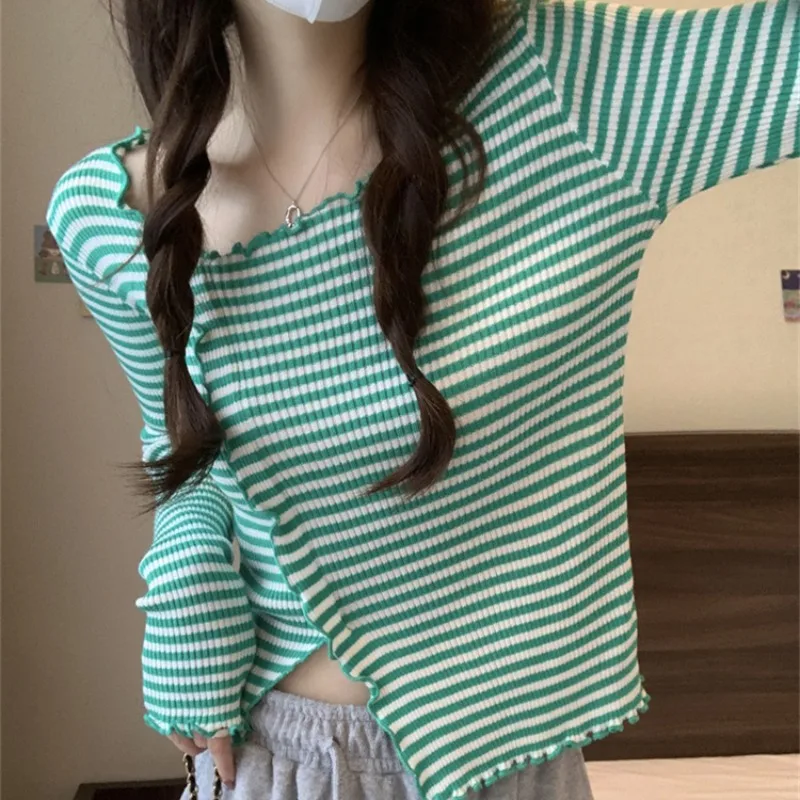 O-neck T-shirt Women Striped Irregular Striped Basic Long-sleeve Slim Wave Cut Korean-style All-match Pullover Trendy Leisure