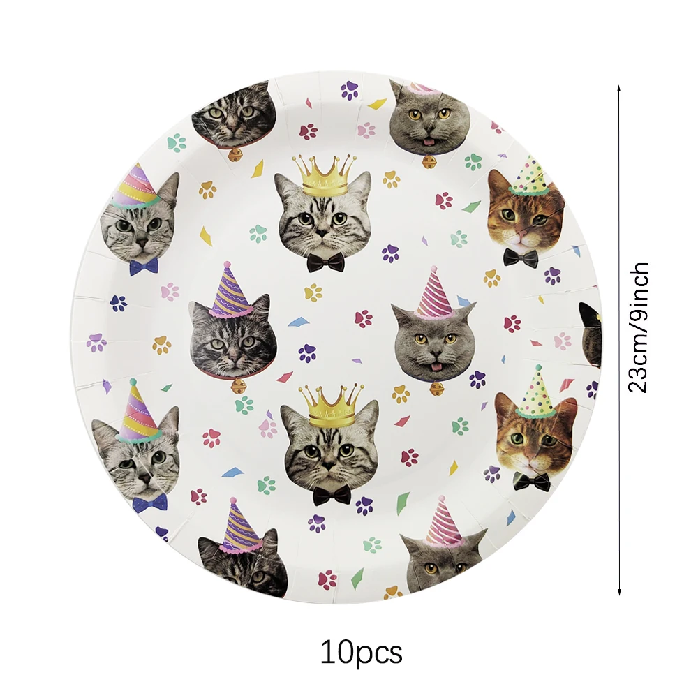 Cute Cat Disposable Tableware Set Cartoon Cat Paper Cup Plates Banner Straws Cupcake Topper for Diy Bithday Party Decorations