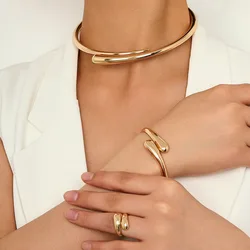 KMVEXO Vintage Punk Hip Hop Choker Torques Necklaces Bangles Rings Set For Women Men Geometric Smooth Metal TearDrop Jewelry Set