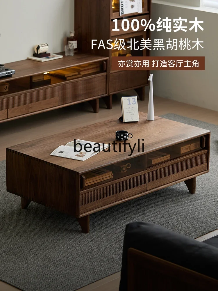 

A50 North American black walnut solid wood coffee table Nordic simple living room storage drawer tea table
