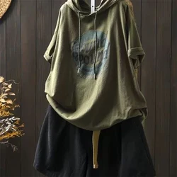 Letter Printed Drawstring Hooded Short Sleeved T-shirt for Women's Summer New Loose Slimming Retro Casual Pullover Stylish Top