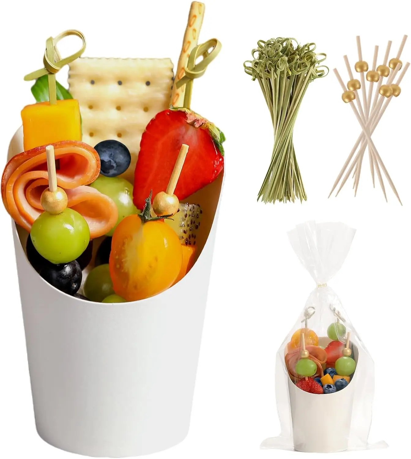 

60 Sets Disposable Charcuterie Cups with Sticks and Bags, 14 oz White Kraft Paper Snack Boxes Appetizers Cup French Fry