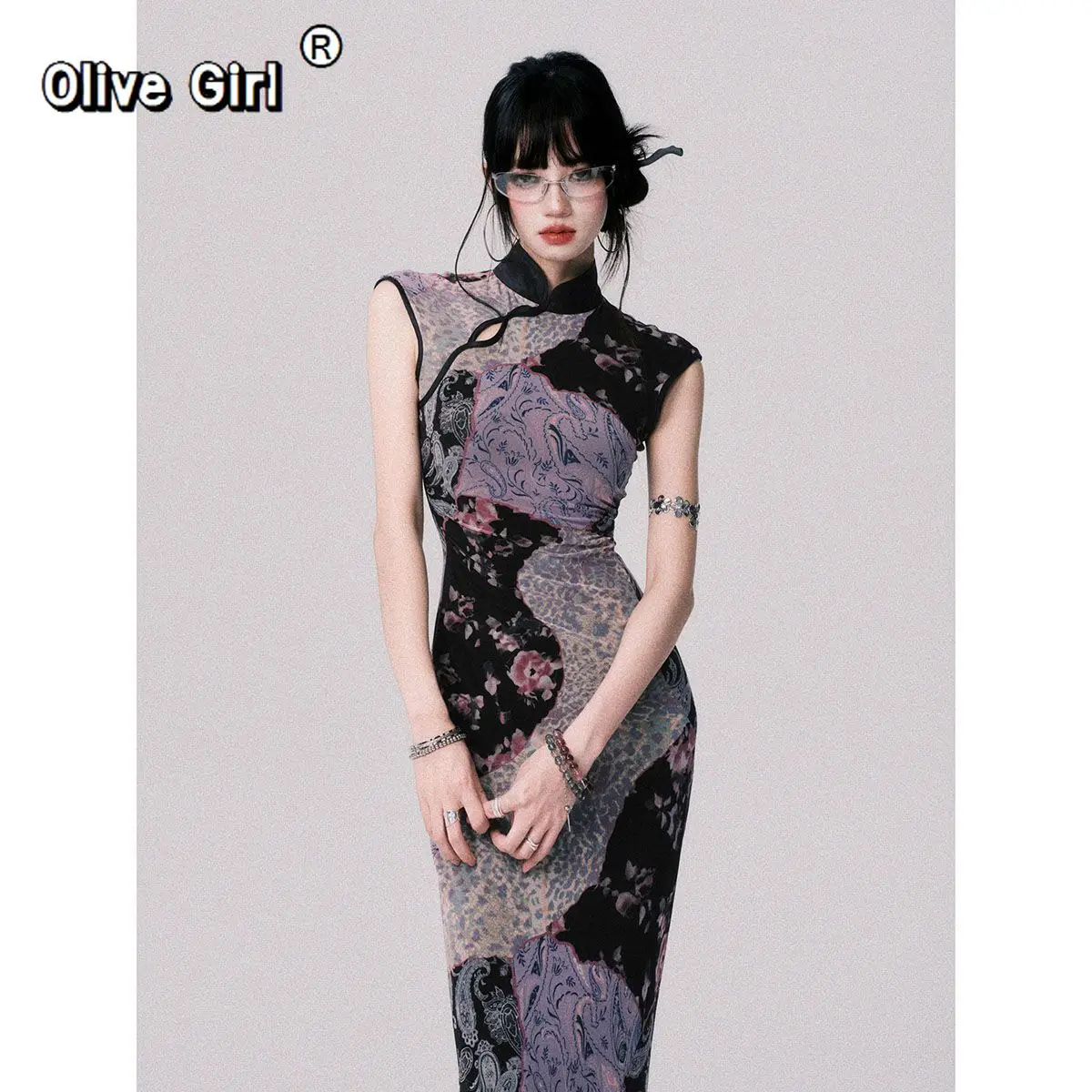 Olivegirl Printed Dress Qipao Summer Patchwork Contrasting Elastic Mesh Chinese Qipao Dress Sleeveless 2026 High-end Dress