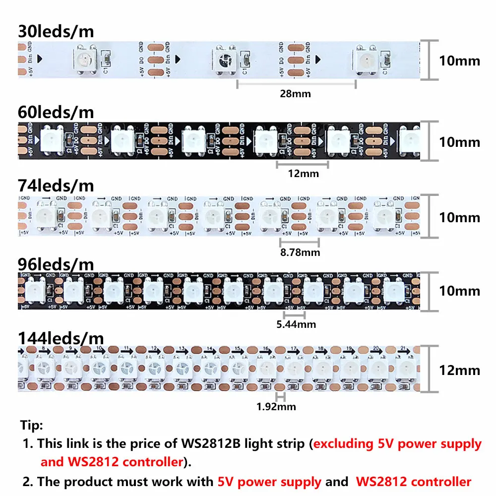 DC5V WS2812 WS2812B Led Strip Black White PCB 30/60/74/96/144leds/m RGB Individually Addressable Pixel Led Light IP30 IP65 IP67