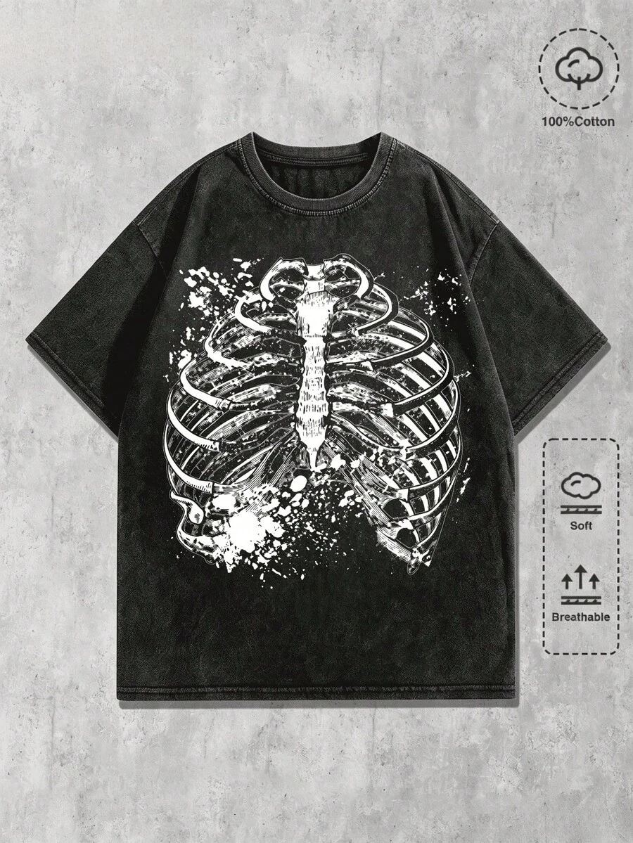 Men's Plus-Size Crew Neck Short Sleeve T Shirt Vintage Washed Gothic Cross Wing Graphic  Loose Fit Casual Holiday Daily Streetwear Summer Top
