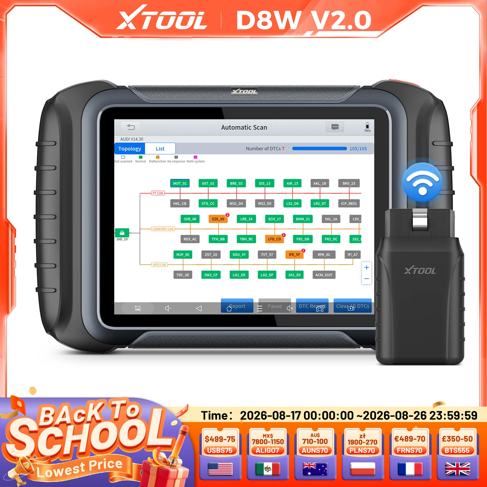 XTOOL D8W Automotive Scanner All Systems Diagnostics Tool Key Programmer Bi-directional Car Rpair Tool ECU Coding Topology Map Live Data with 42+Resets FCA DOIP CANFD