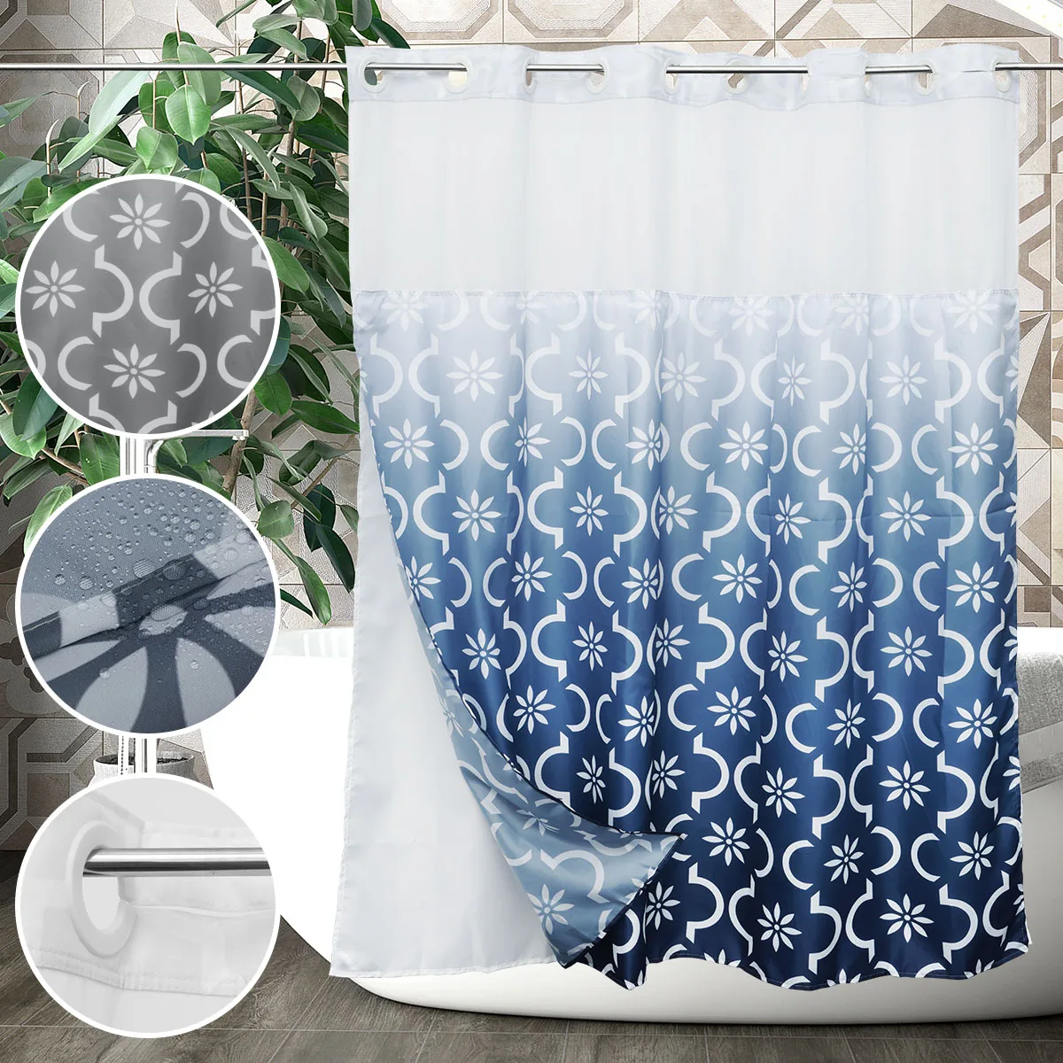 

Hook Free Shower Curtain Waterproof Bathroom Curtains with Snap-in Liner Washable Bath Curtains Blue/Grey Decorative Shower