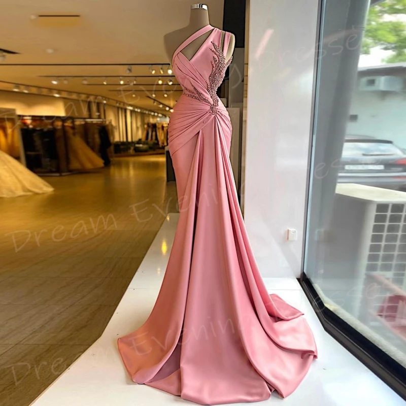 Graceful Pink Women\'s Mermaid Modern Evening Dresses One Shoulder Pearls Customized Prom Gowns Beaded فساتين للمناسبات الرسمية