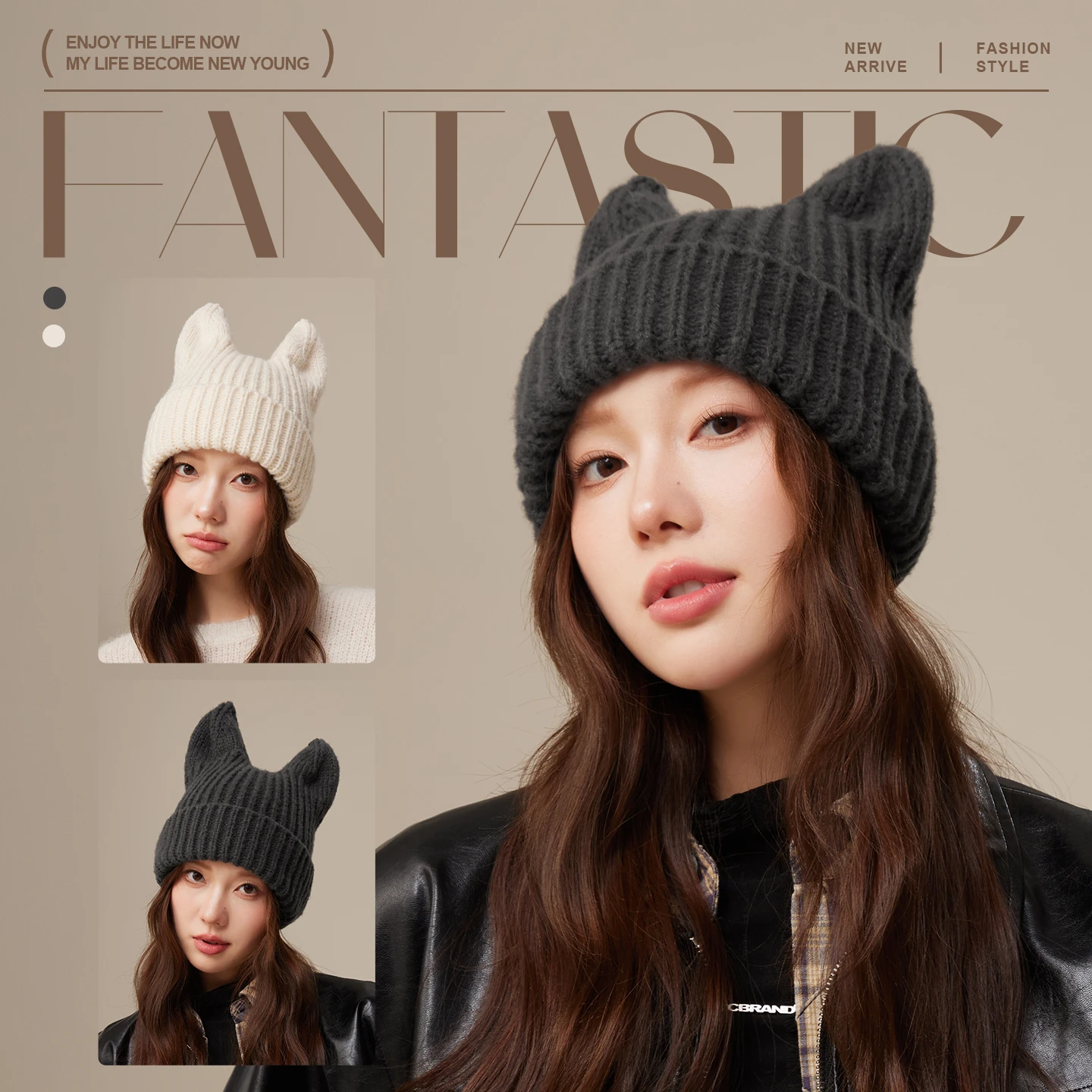 Cat Ear Beanie Hat Women Thick Knitted Cute Winter Cap Chunky Ribbed Design Warm Hat for Shopping Dating Campus Daily Wear