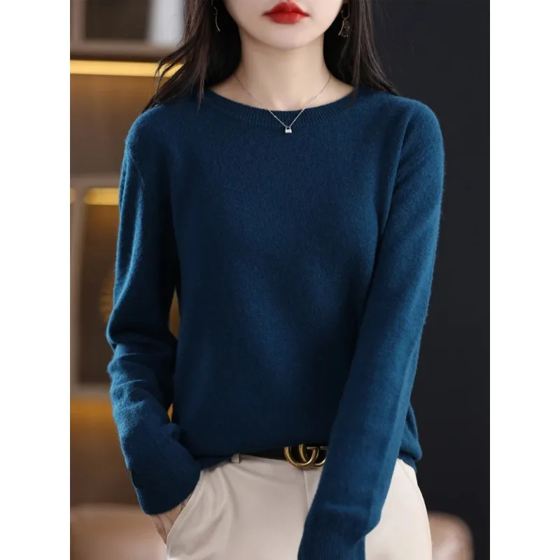 Autumn Winter Women Female O-Neck Knitted Pullover 100% Merino Wool Sweater Soft Solid Comfortable Basic Clothing Tops N209