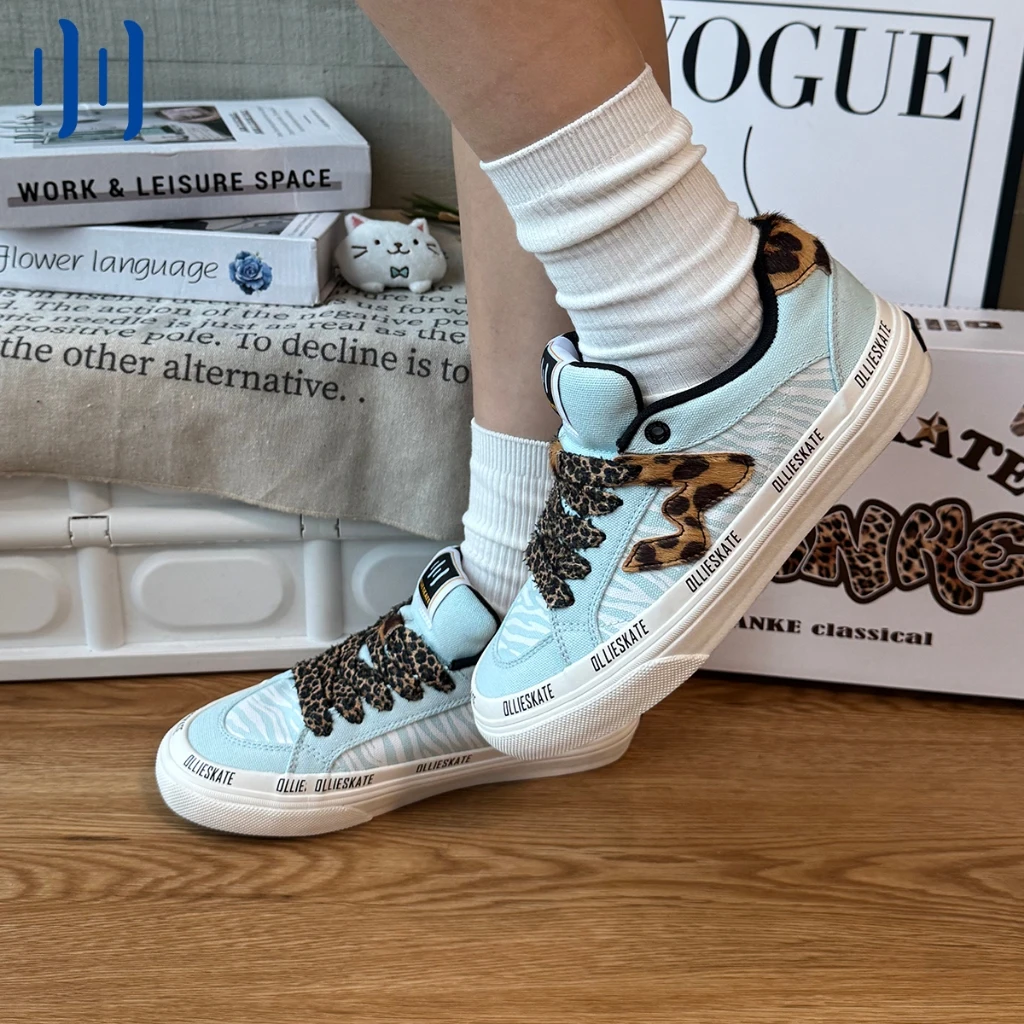 Ollieskate Mint Chocolate Leopard Print Skateboard Shoes Low Top Trendy Casual Valentine Couple Campus Sneakers Unisex Men Women