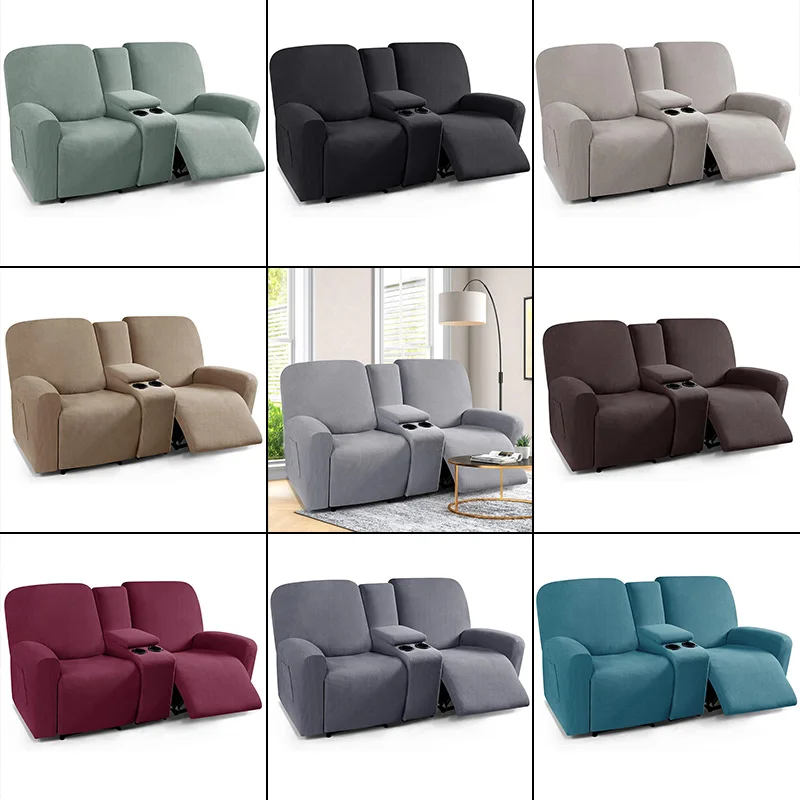 

Solid Color Recliner Covers All-inclusive Loveseat Center Console Sofa Covers Elastic 2Seater Couch Slipcovers with Cup Holder