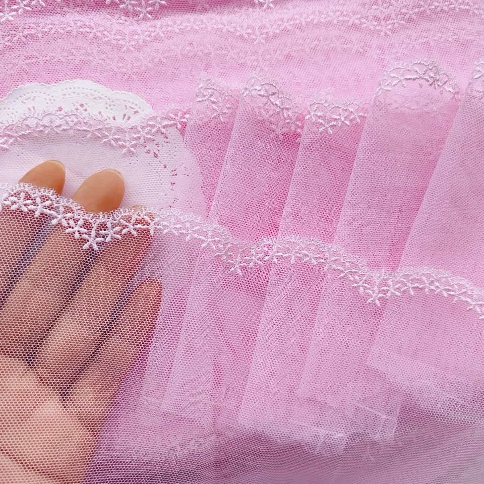 3Yards 12cm wide Pink Polyester Soft Mesh Embroidery Lace Trimmings Dress Accessories Lace Fabric Sewing Crafts Doll Material